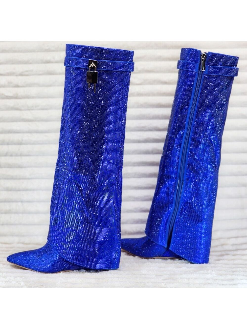NIB Super Sparkle Sharky Skirted Fold Over Wedge Heel Knee Boots Royal Blue - Picture 4 of 15